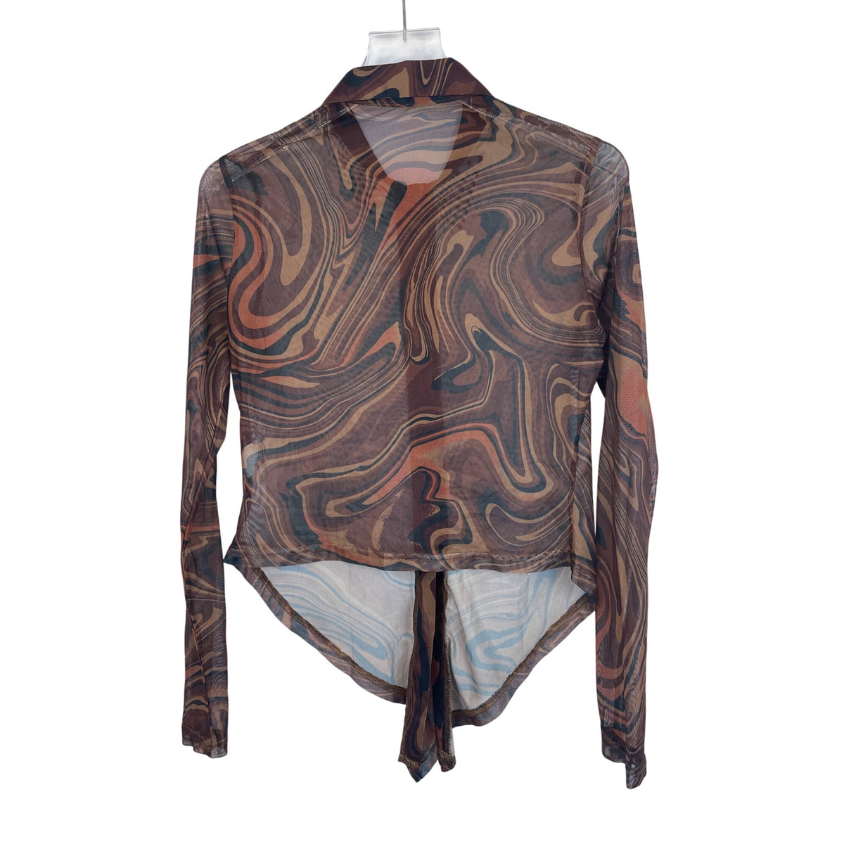 Shein Womens Brown Sheer Long Sleeve Button-Down Collared Swirl Pattern Top Size L