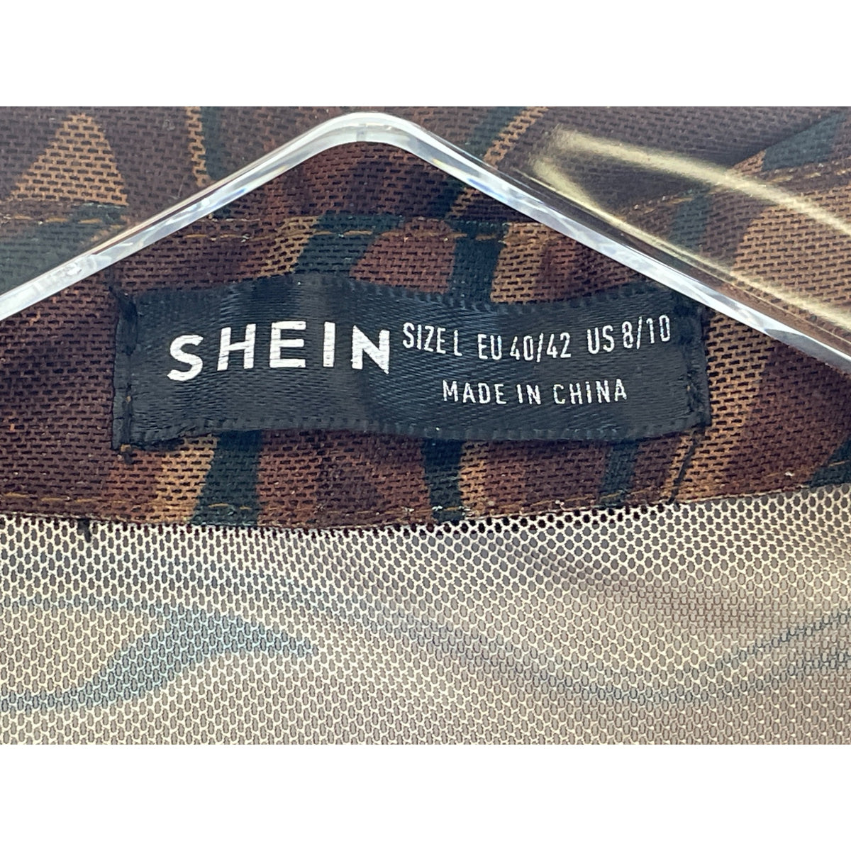 Shein Womens Brown Sheer Long Sleeve Button-Down Collared Swirl Pattern Top Size L