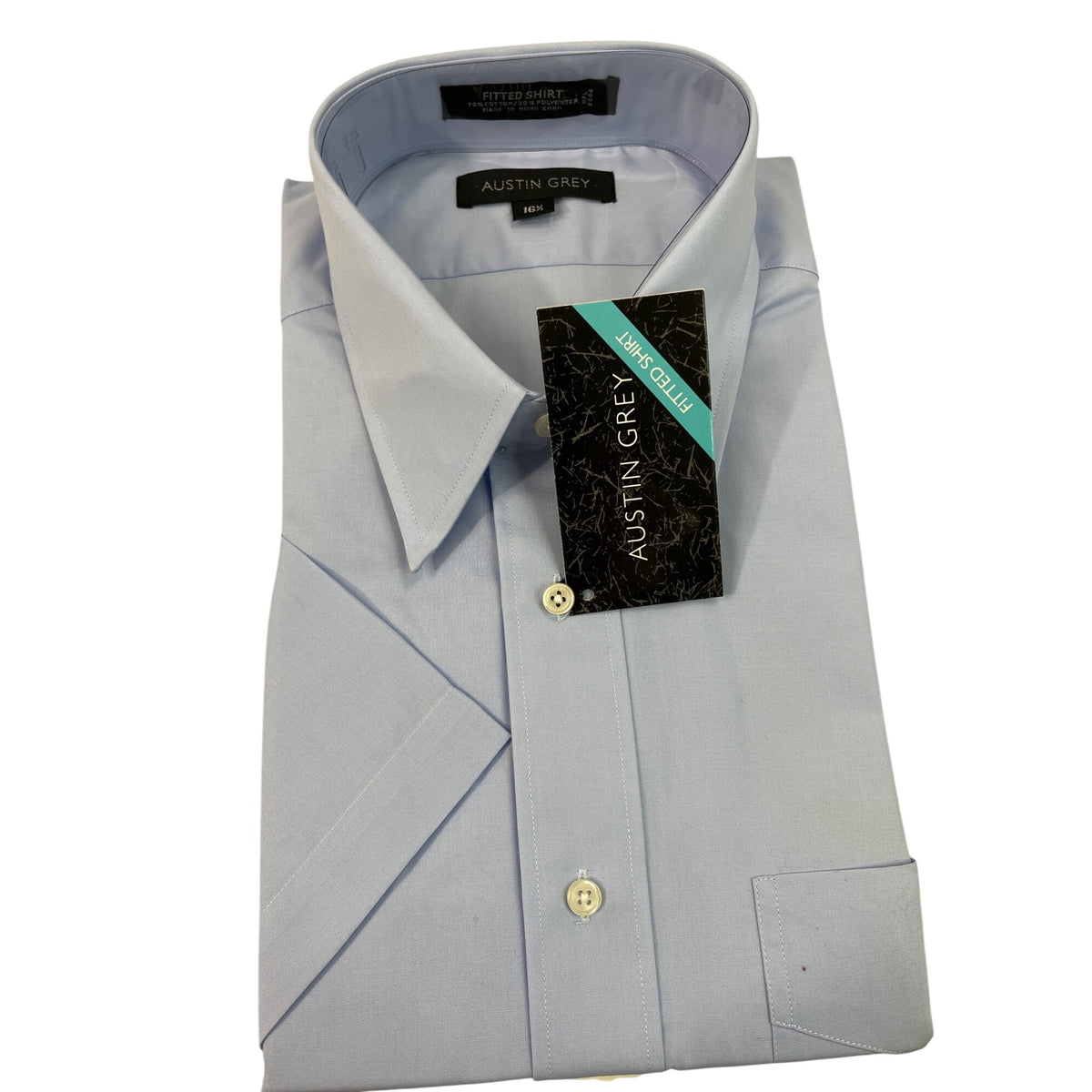 Austin Grey Mens Dress Shirt Blue Fitted Shirt Collar & Short Sleeves Size 16.5