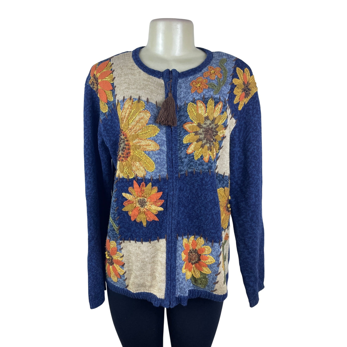 Vintage Heirloom Collectibles Womens Blue Sunflower Cardigan Sweater Sz S