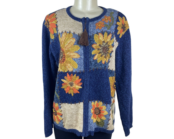Vintage Heirloom Collectibles Womens Blue Sunflower Cardigan Sweater Sz S