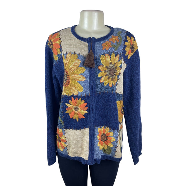 Vintage Heirloom Collectibles Womens Blue Sunflower Cardigan Sweater Sz S