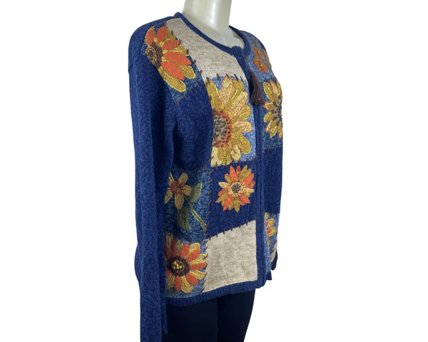 Vintage Heirloom Collectibles Womens Blue Sunflower Cardigan Sweater Sz S
