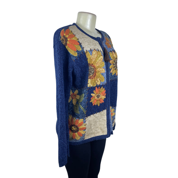 Vintage Heirloom Collectibles Womens Blue Sunflower Cardigan Sweater Sz S