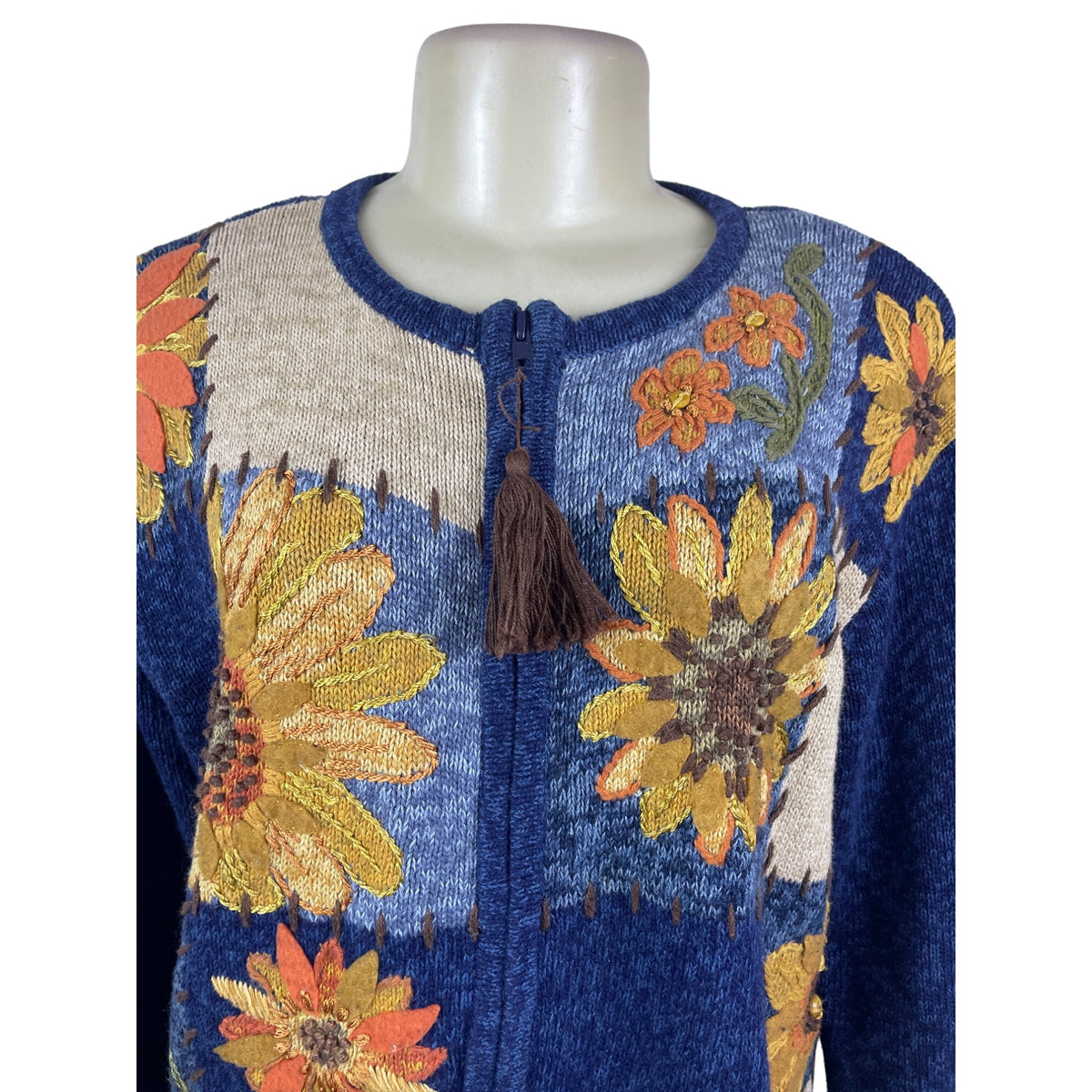 Vintage Heirloom Collectibles Womens Blue Sunflower Cardigan Sweater Sz S