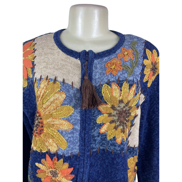 Vintage Heirloom Collectibles Womens Blue Sunflower Cardigan Sweater Sz S