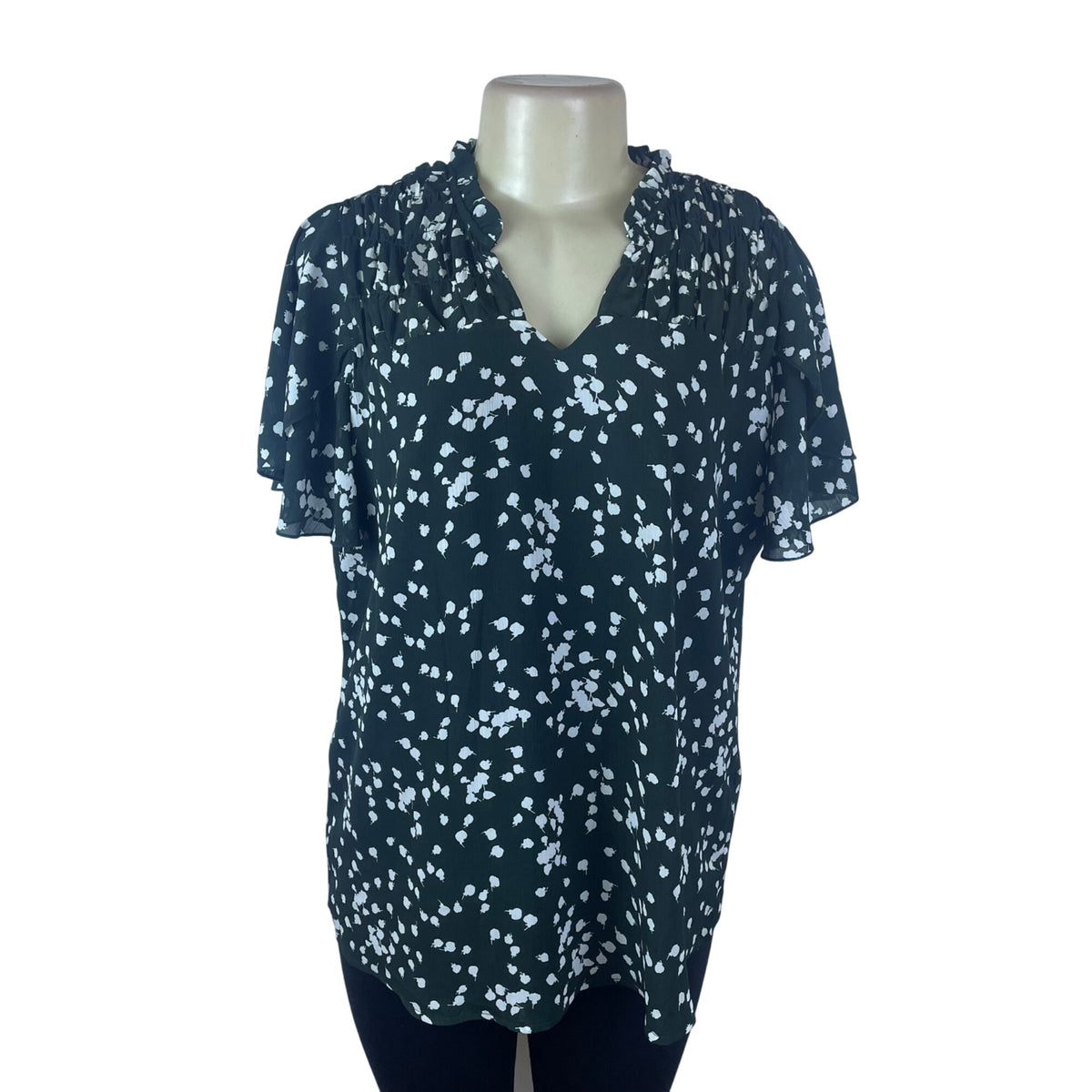 Dokotoo Womens Green Chiffon Floral Ruffle V-Neck Blouse Short Sleeve Sz L - New