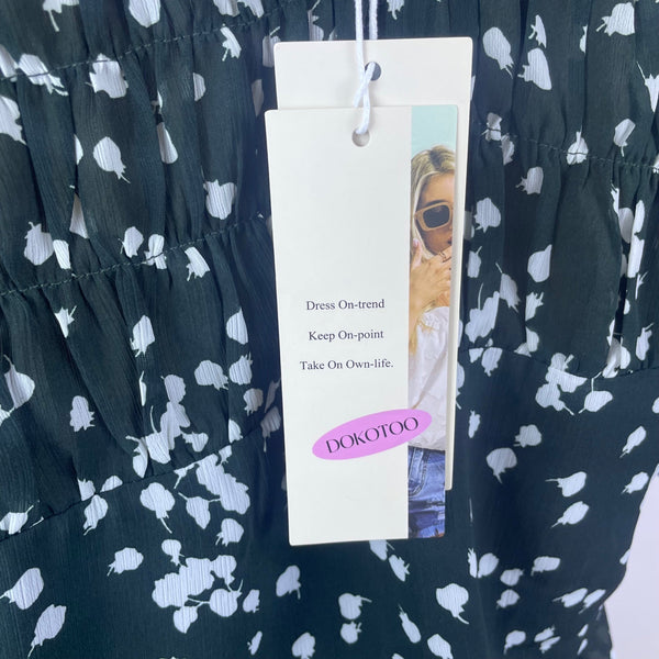 Dokotoo Womens Green Chiffon Floral Ruffle V-Neck Blouse Short Sleeve Sz L - New