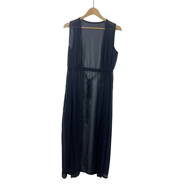 Black Sheer Sleeveless Dress With Adjustable Waist Tie Chiffon Beach Wear Sz L