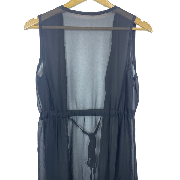 Black Sheer Sleeveless Dress With Adjustable Waist Tie Chiffon Beach Wear Sz L
