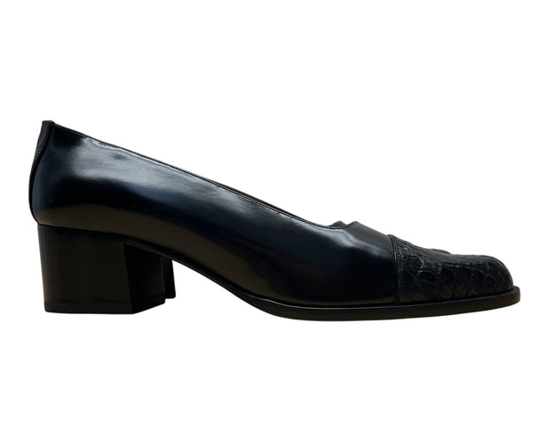 Ralph Lauren Black Leather Croc Embossed Toe Low Heel Pumps Sz 6B