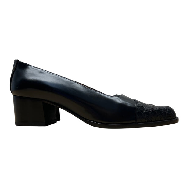 Ralph Lauren Black Leather Croc Embossed Toe Low Heel Pumps Sz 6B