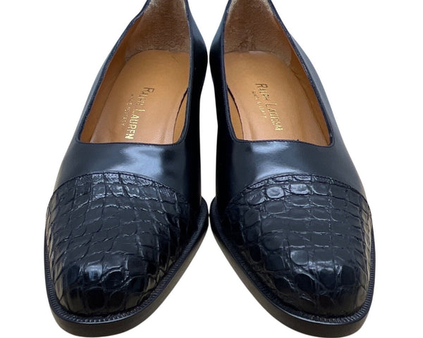 Ralph Lauren Black Leather Croc Embossed Toe Low Heel Pumps Sz 6B