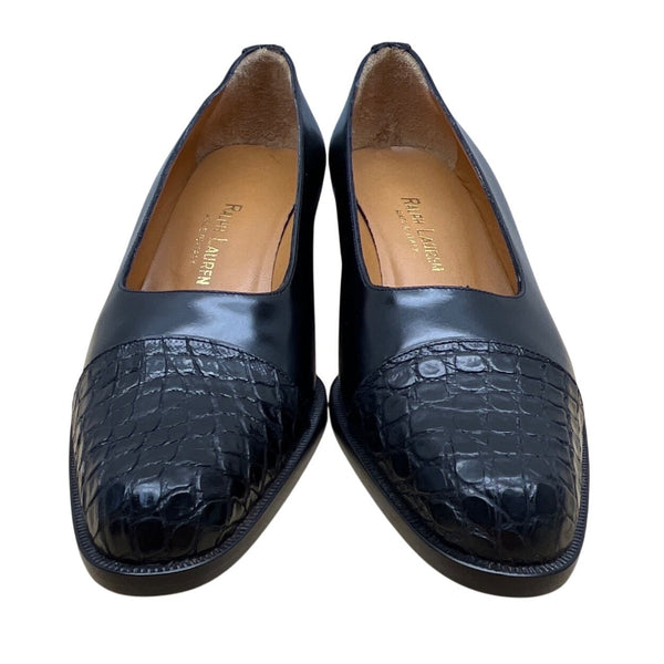 Ralph Lauren Black Leather Croc Embossed Toe Low Heel Pumps Sz 6B