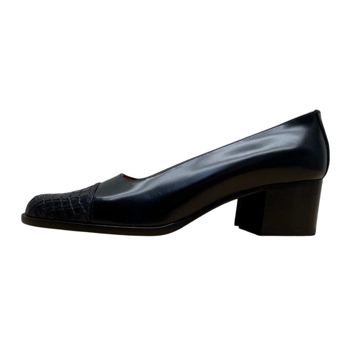 Ralph Lauren Black Leather Croc Embossed Toe Low Heel Pumps Sz 6B