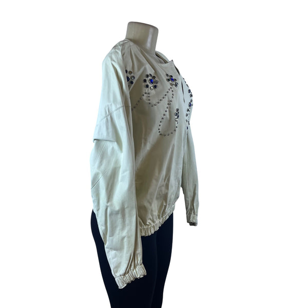 Polly Edwards Womens White Gem Embellished Vintage Sweater Jacket Elastic Hem