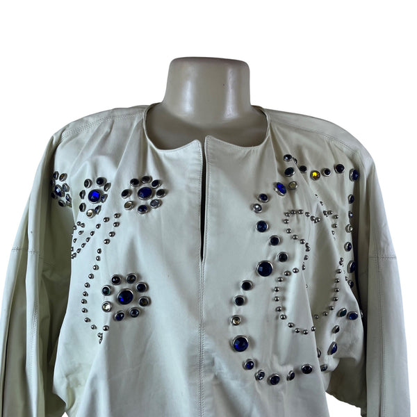 Polly Edwards Womens White Gem Embellished Vintage Sweater Jacket Elastic Hem