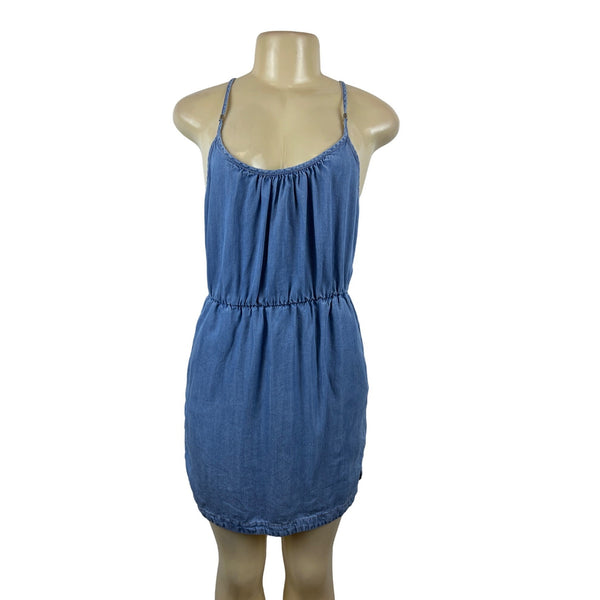 Life In Progress Womens Blue Sleeveless Denim Mini Dress W Pockets Sz S