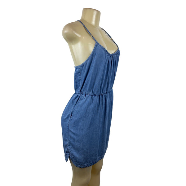 Life In Progress Womens Blue Sleeveless Denim Mini Dress W Pockets Sz S