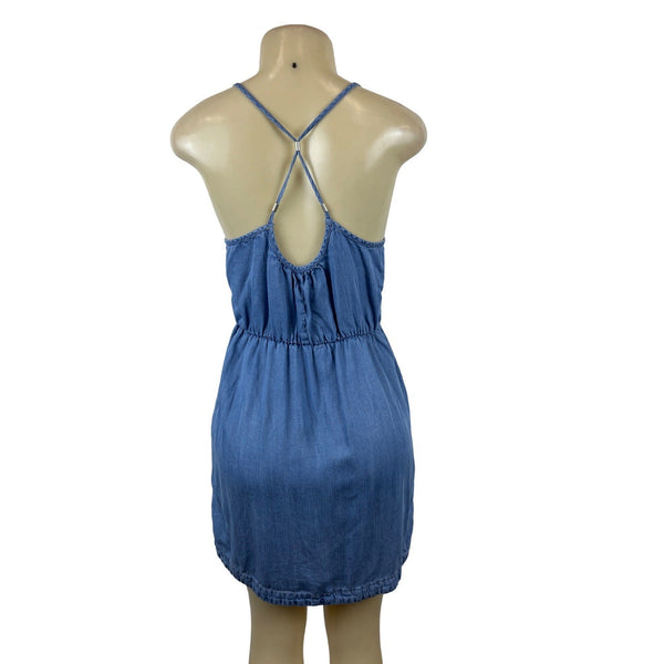 Life In Progress Womens Blue Sleeveless Denim Mini Dress W Pockets Sz S