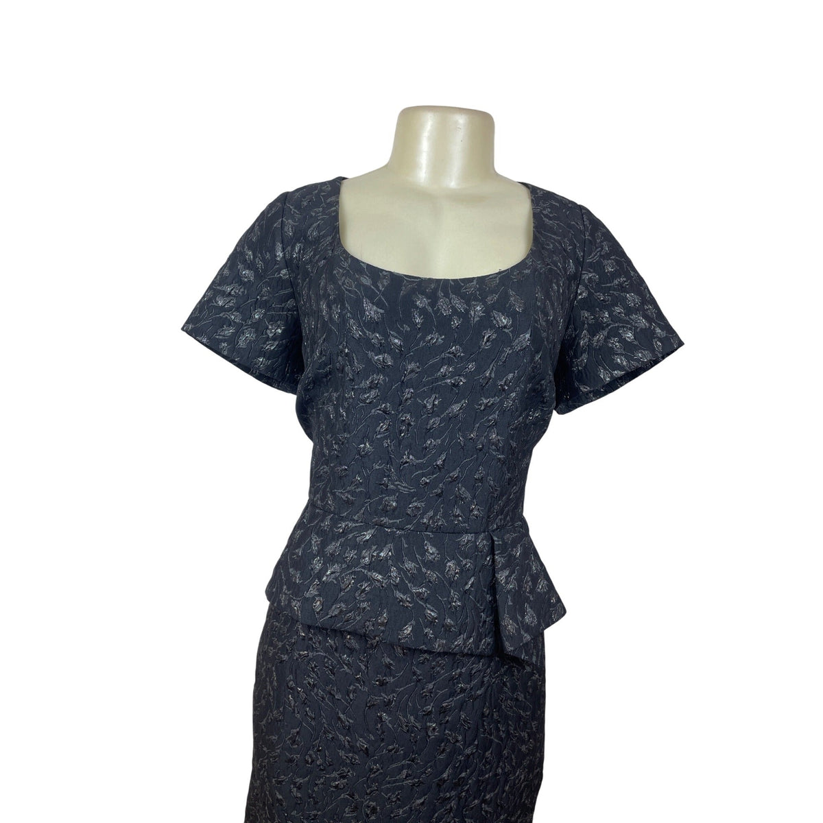 St. John Womens Gray Jacquard Floral Dress Scoop Neck Short Sleeves Sz 14