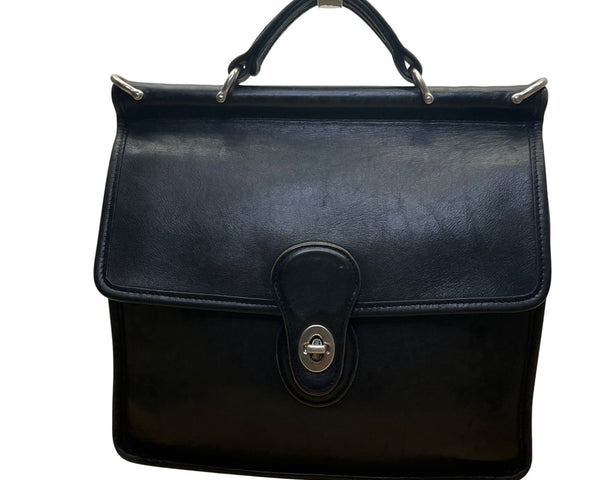 Vintage Coach Unisex Black Leather Top Handle Turn Lock Crossbody Bag Size S