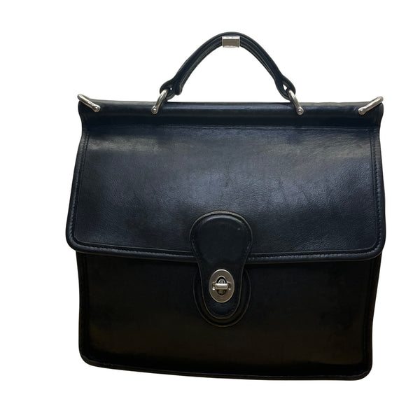 Vintage Coach Unisex Black Leather Top Handle Turn Lock Crossbody Bag Size S