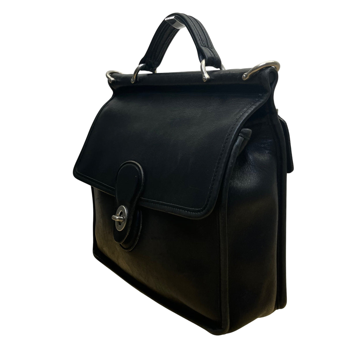 Vintage Coach Unisex Black Leather Top Handle Turn Lock Crossbody Bag Size S