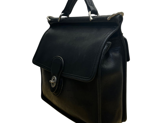 Vintage Coach Unisex Black Leather Top Handle Turn Lock Crossbody Bag Size S