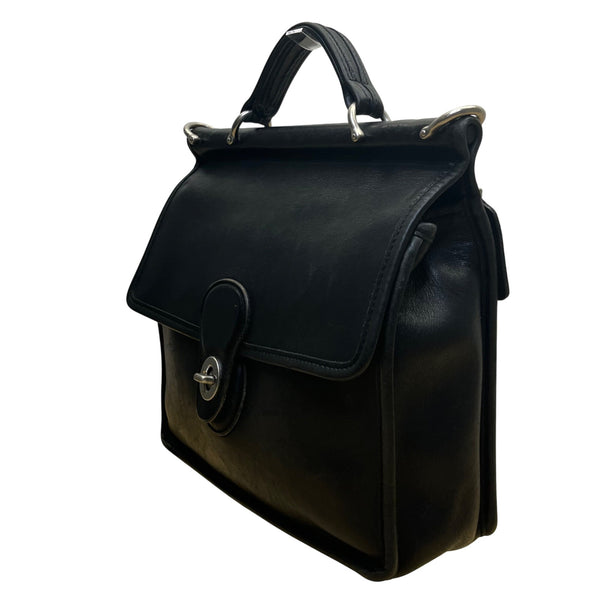 Vintage Coach Unisex Black Leather Top Handle Turn Lock Crossbody Bag Size S