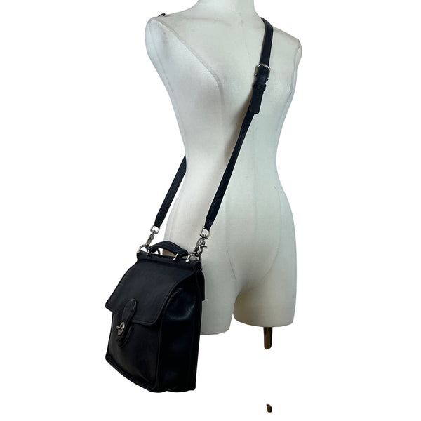 Vintage Coach Unisex Black Leather Top Handle Turn Lock Crossbody Bag Size S