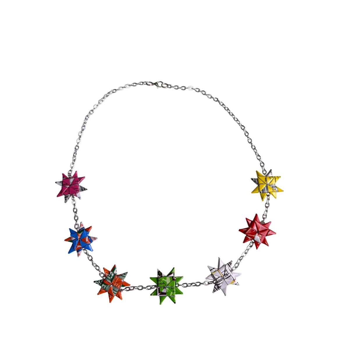 Upcycled Multicolor Origami Star Necklace Metal Chain Adjustable Eco-Friendly Design