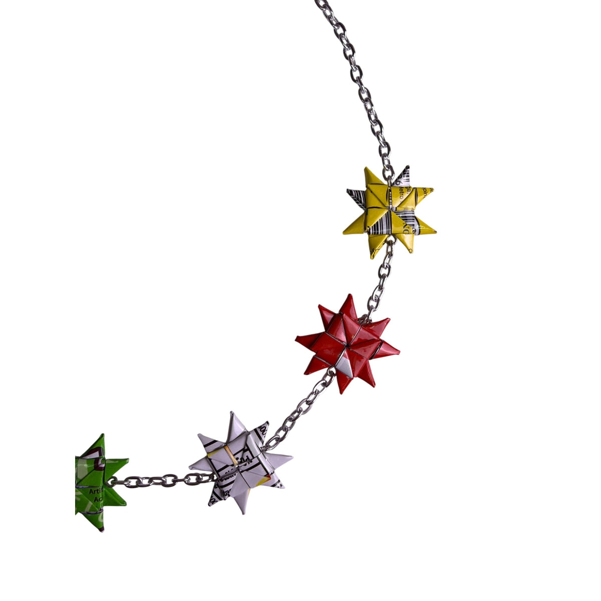 Upcycled Multicolor Origami Star Necklace Metal Chain Adjustable Eco-Friendly Design