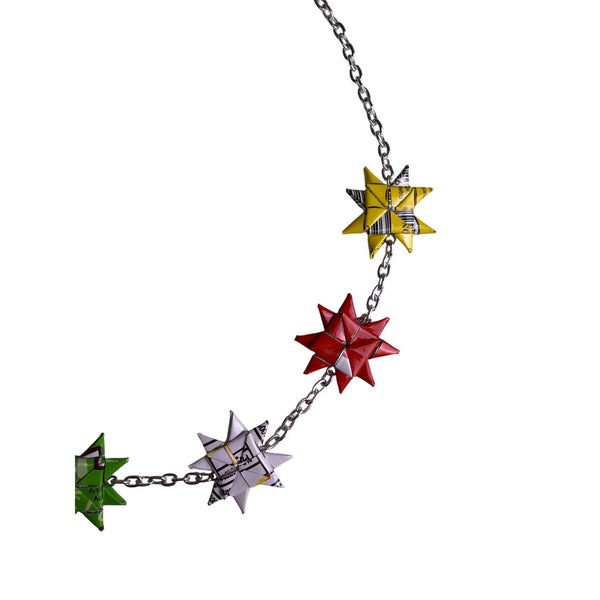Upcycled Multicolor Origami Star Necklace Metal Chain Adjustable Eco-Friendly Design