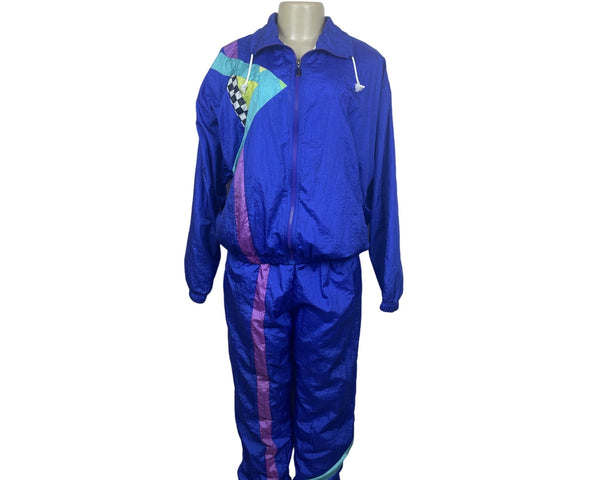 Sergio Tacchini Vintage Women’s Bright Blue Nylon Tracksuit Geometric Print 90s Style S