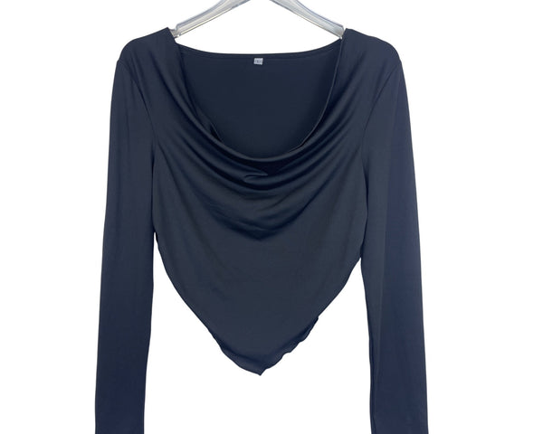 Black Long Sleeve Drape Front Top For Women Elegant Stretch Fabric Size L