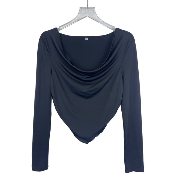 Black Long Sleeve Drape Front Top For Women Elegant Stretch Fabric Size L