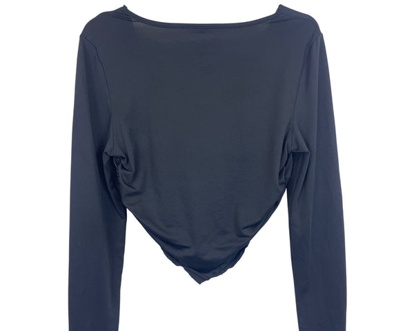 Black Long Sleeve Drape Front Top For Women Elegant Stretch Fabric Size L