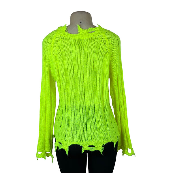 Imperial Womens Neon Yellow Acrylic Polyamide Distressed Knit Sweater Sz M