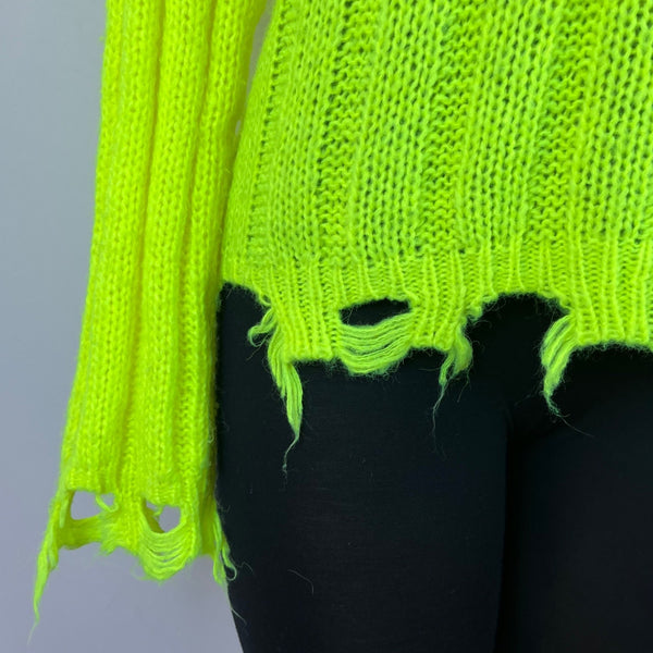 Imperial Womens Neon Yellow Acrylic Polyamide Distressed Knit Sweater Sz M
