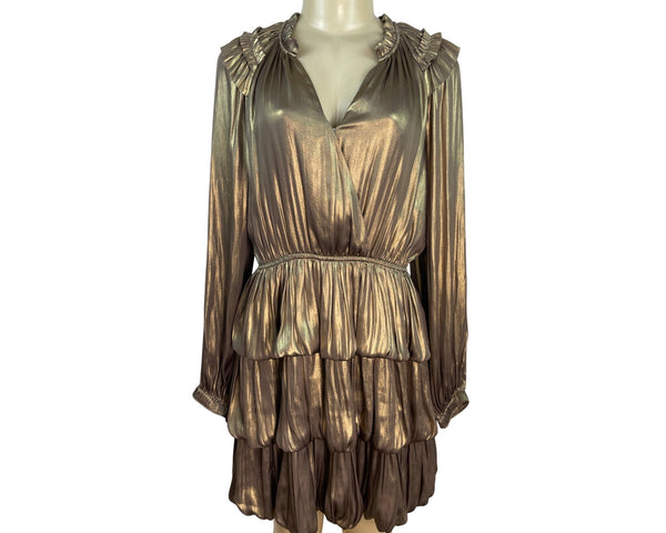 Metallic Gold Tiered Ruffle Long Sleeve Mini Dress By Current Air Size S