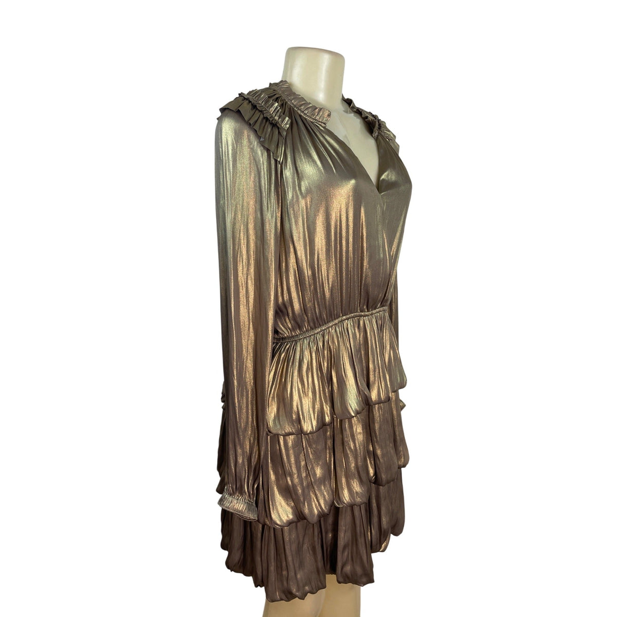 Metallic Gold Tiered Ruffle Long Sleeve Mini Dress By Current Air Size S