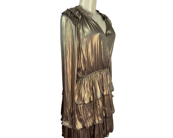 Metallic Gold Tiered Ruffle Long Sleeve Mini Dress By Current Air Size S