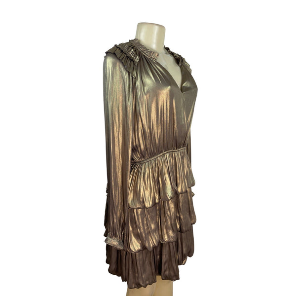 Metallic Gold Tiered Ruffle Long Sleeve Mini Dress By Current Air Size S