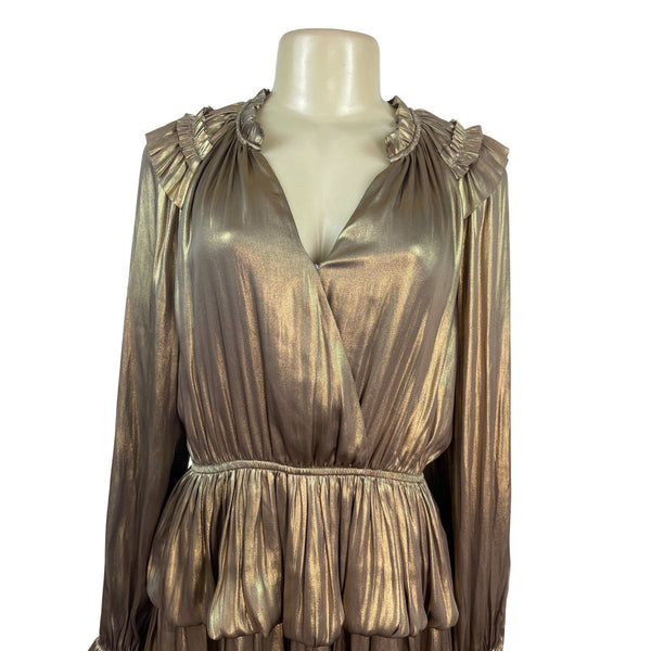Metallic Gold Tiered Ruffle Long Sleeve Mini Dress By Current Air Size S