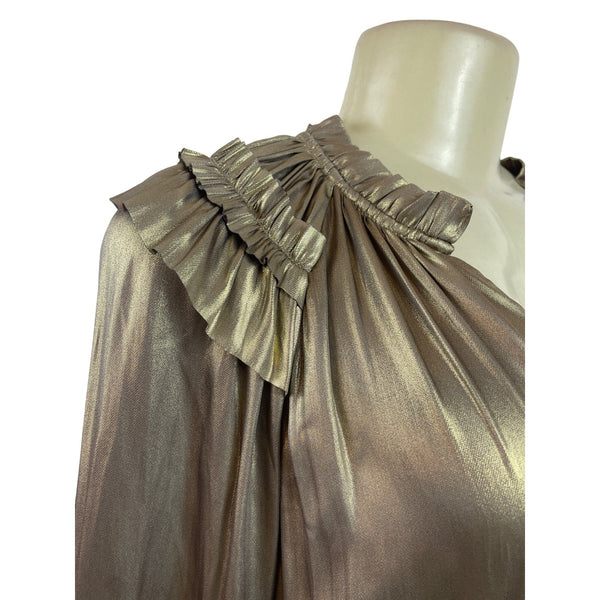 Metallic Gold Tiered Ruffle Long Sleeve Mini Dress By Current Air Size S