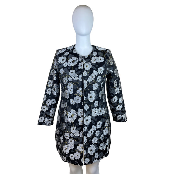 Slinky Brand Women’s Black & White Floral Jacquard Long Sleeve Coat Size XL