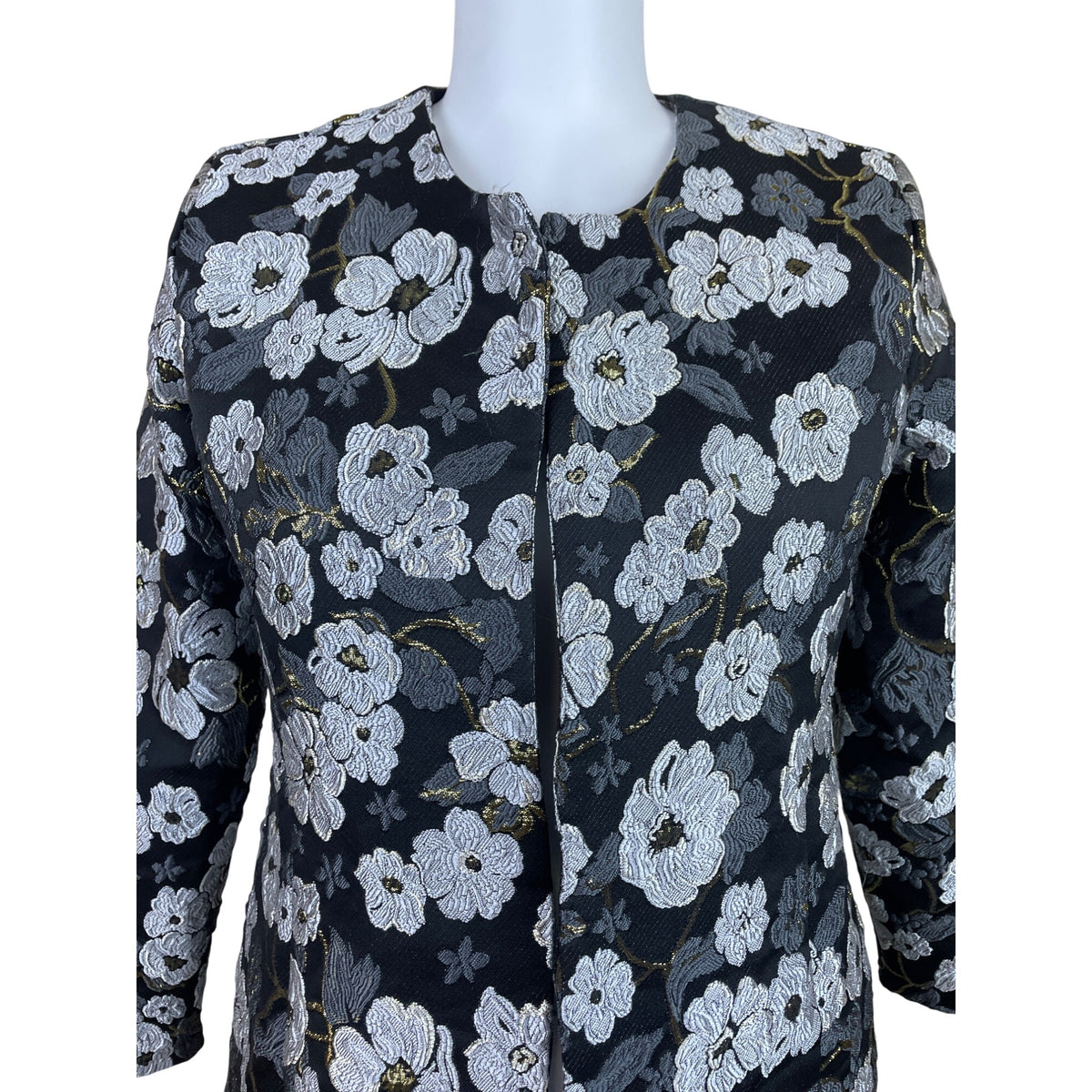 Slinky Brand Women’s Black & White Floral Jacquard Long Sleeve Coat Size XL
