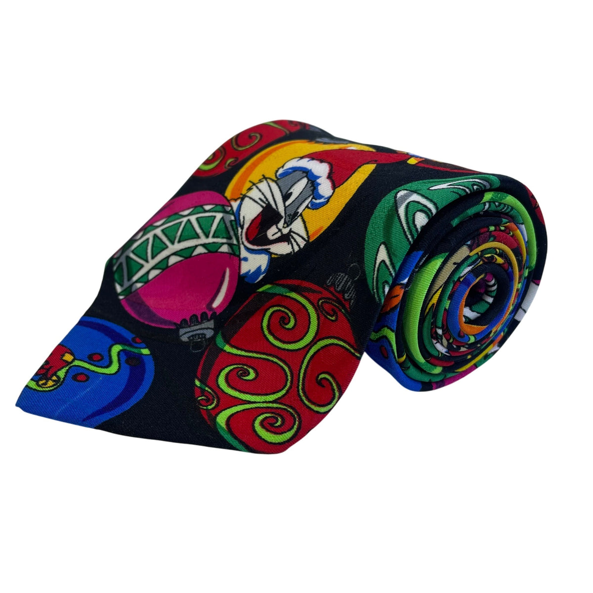 Looney Tunes Mens Black Polyester Christmas Tie With Bugs Bunny Ornament Design