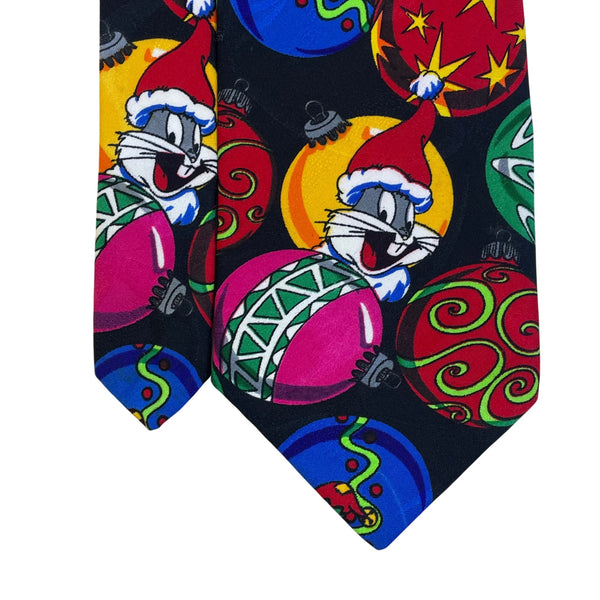 Looney Tunes Mens Black Polyester Christmas Tie With Bugs Bunny Ornament Design